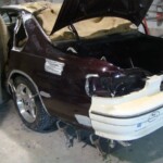 Before and after photographs of a damaged Chevy Impala that was repaired by Elite Paint & Body Shop in West Palm Beach, Florida.